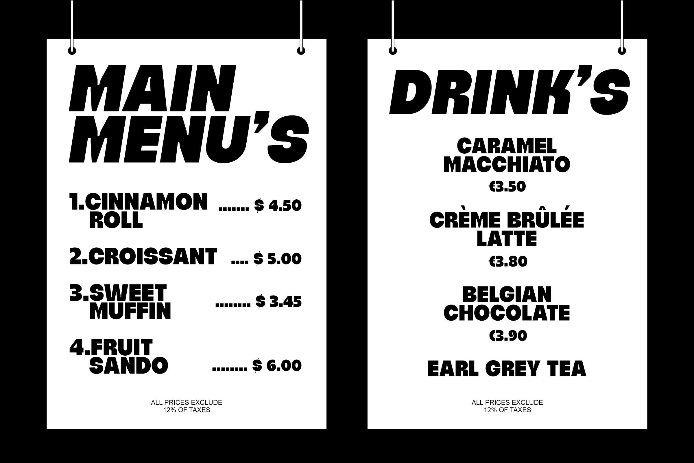 Two cafe menu boards hanging side by side with main courses plus drinks listed in bold black typography