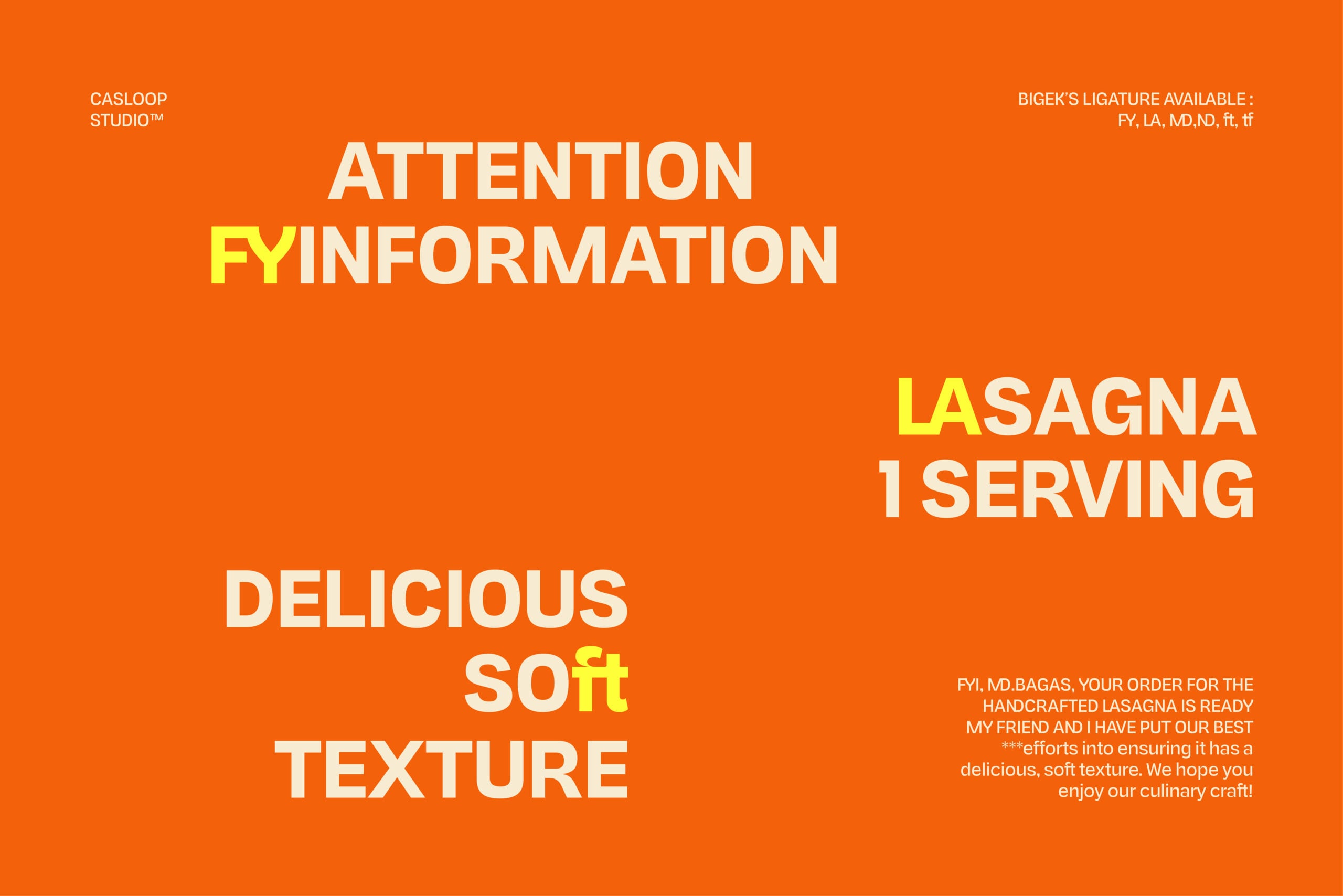 Bold typography poster with bright orange background, white text saying "attention fyinformation" plus yellow "lasagna 1 serving delicious soft texture"