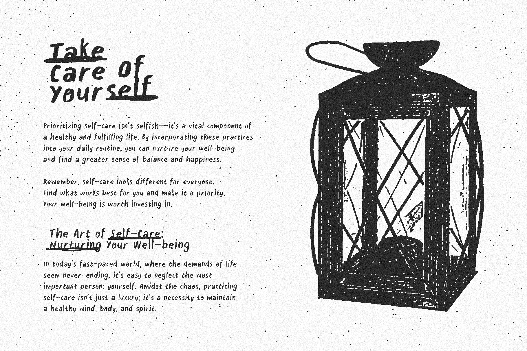 Self-care wellness graphic with lantern illustration in textured black on cream