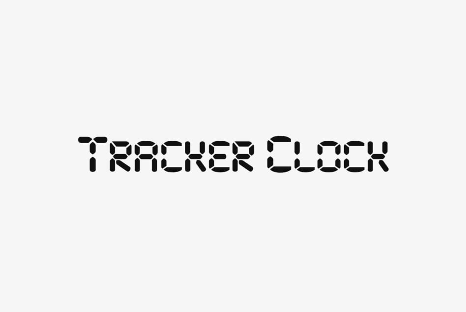 Tracker Cluck typeface with bold segmented letters on light gray background