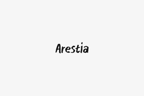 Arestia handwritten font in bold black script on minimal light background