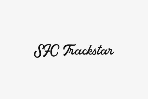 SFC Trackstar italic script font in black on light gray background