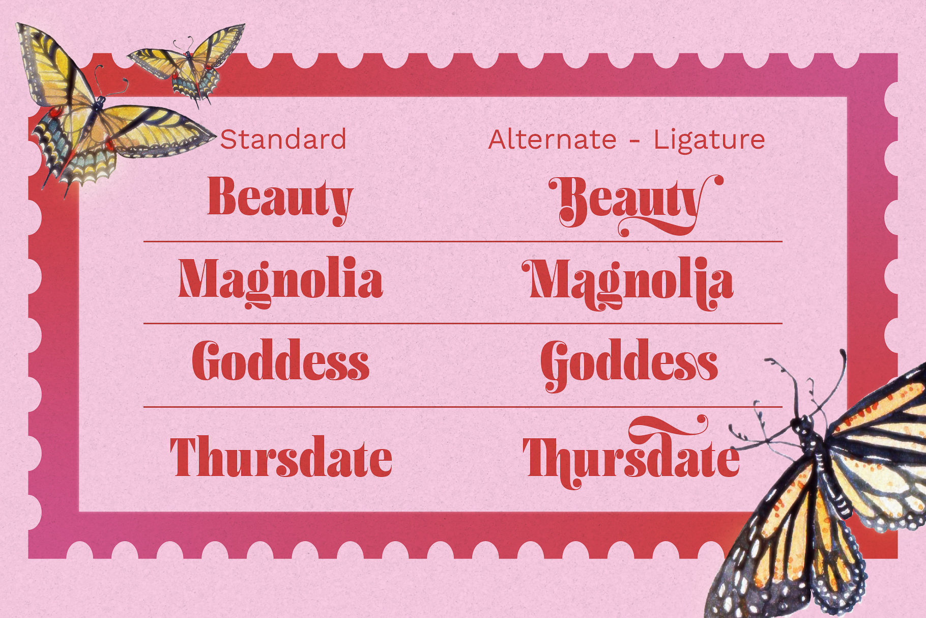 Serif font family with standard plus alternate ligature versions, butterflies on pink background