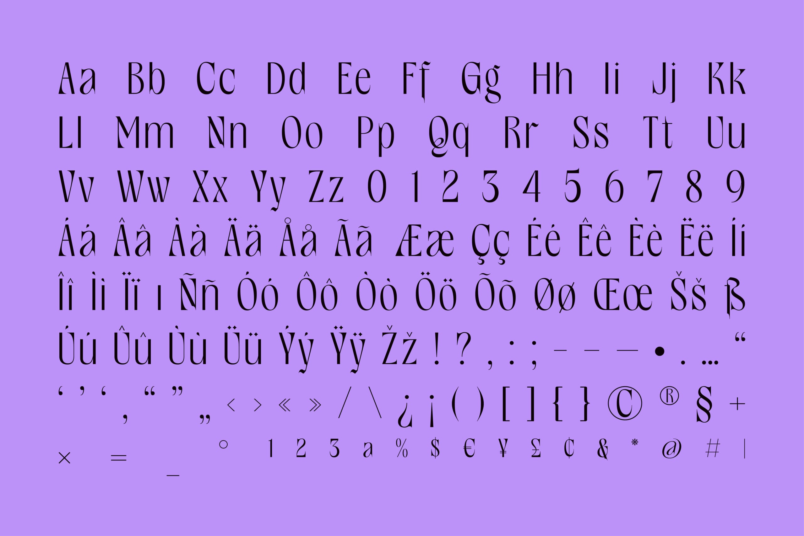 Complete character set for serif font displayed on vibrant purple background showing all glyphs