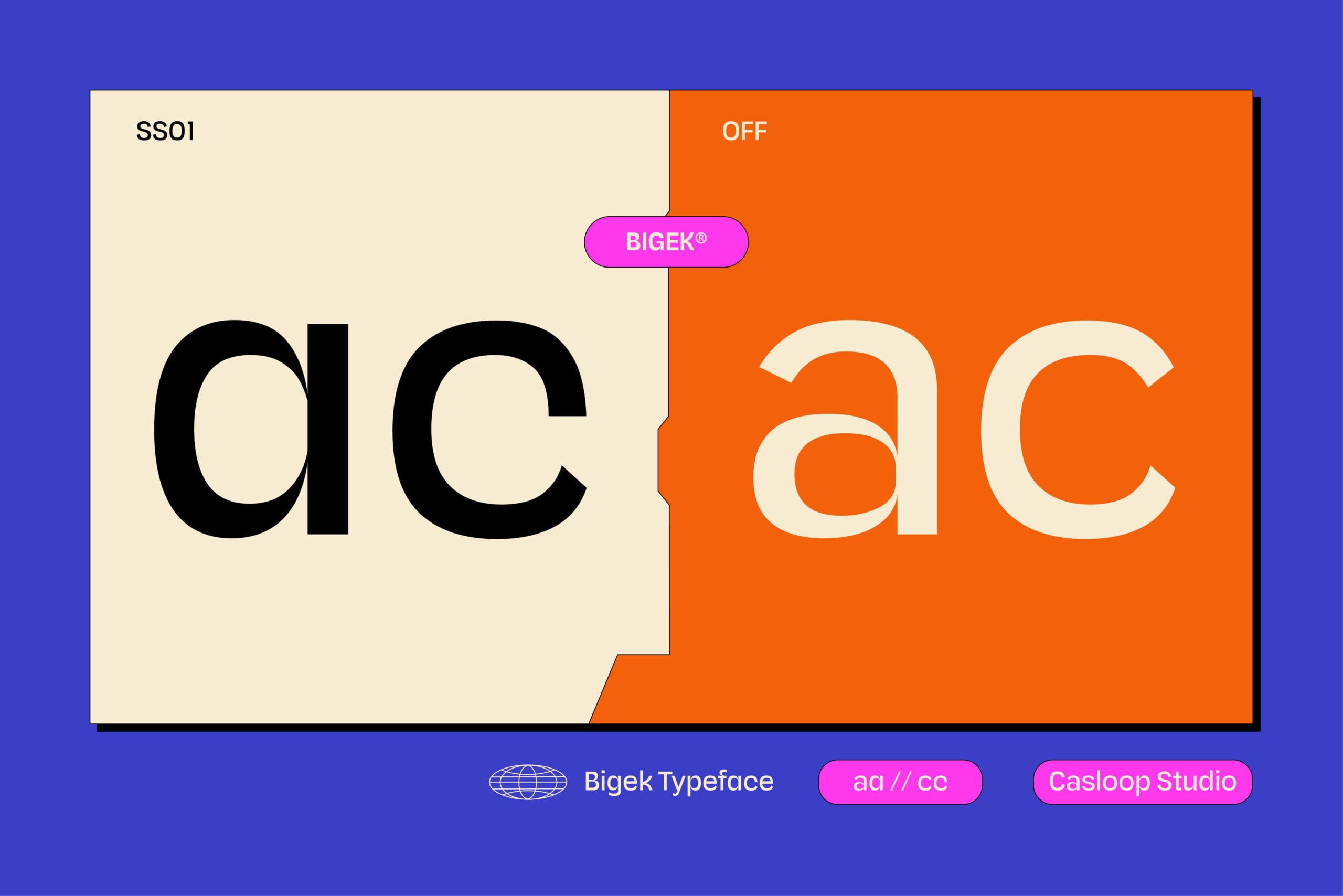 Bigek typeface specimen showing bold lowercase letters on split cream orange background with magenta badge