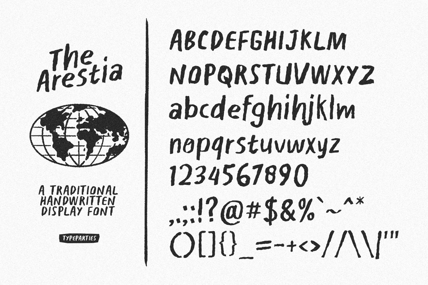 Arestia handwritten display font with full character set including uppercase, lowercase, numbers, symbols