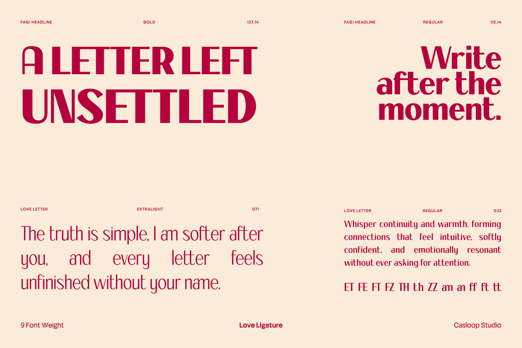 Love Letter typeface with 9 weights in burgundy on cream background