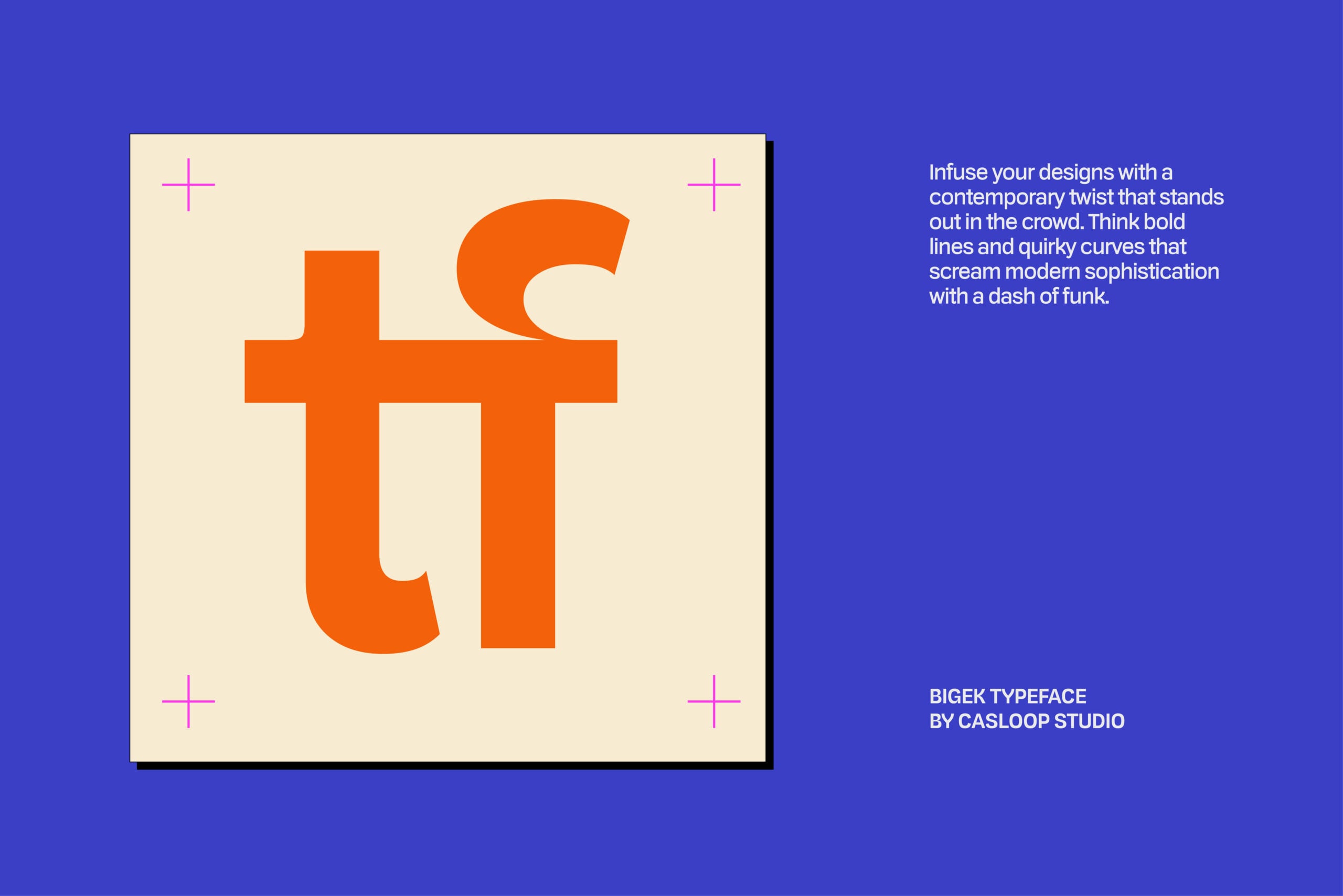 Bigek typeface specimen with bold orange letterforms on cream background