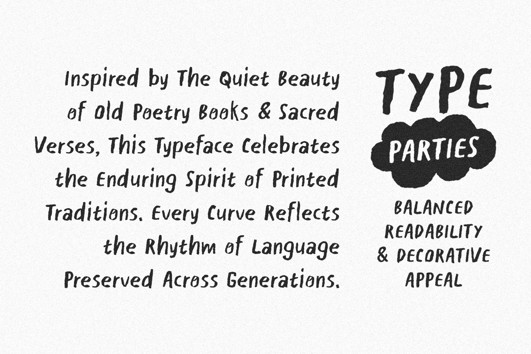 Handwritten italic typeface with descriptive text about poetry book inspiration plus type specimen showing rounded cloud shape with "PARTIES" inside