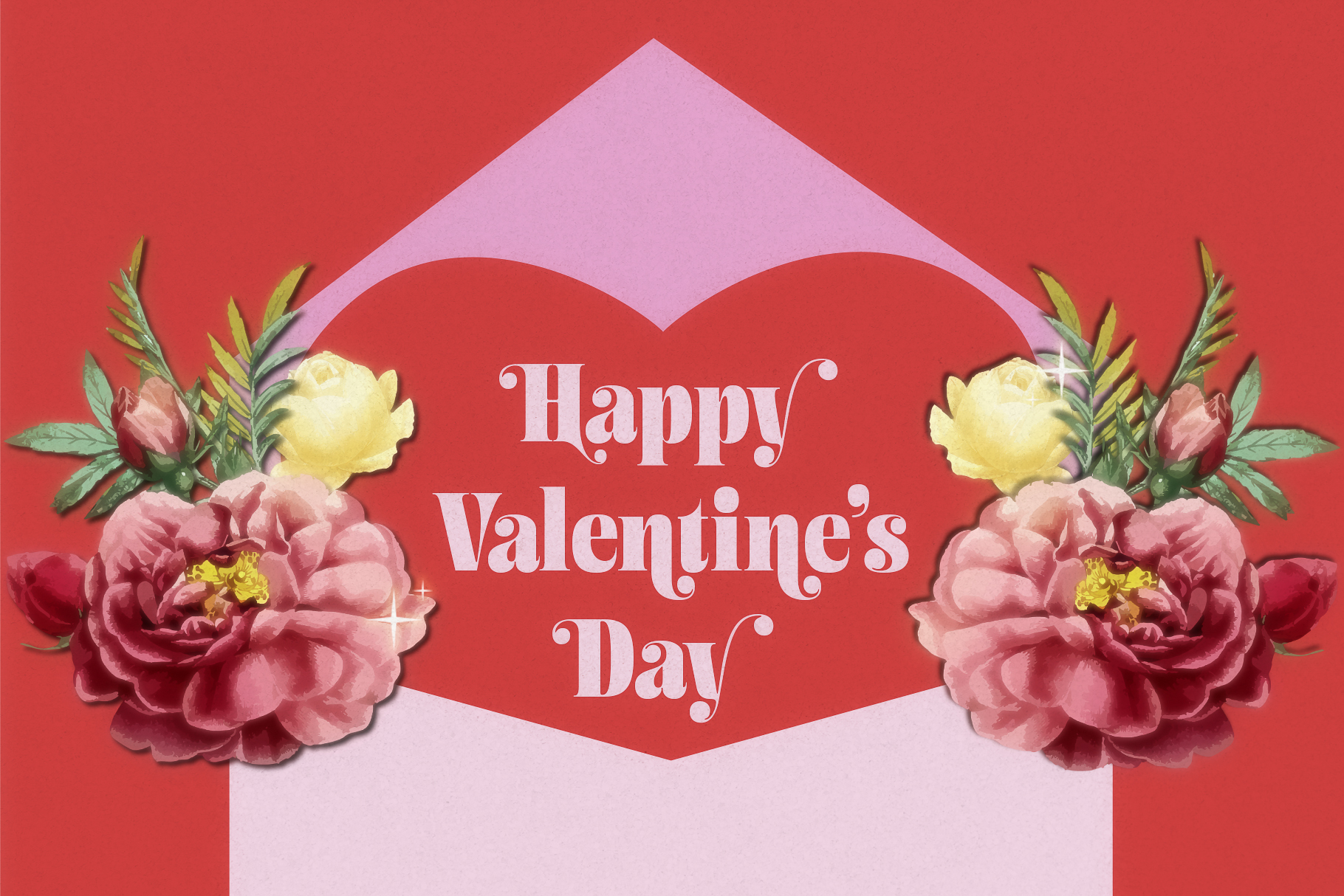 Red heart envelope with peonies, roses, greenery for Valentine's Day card designs