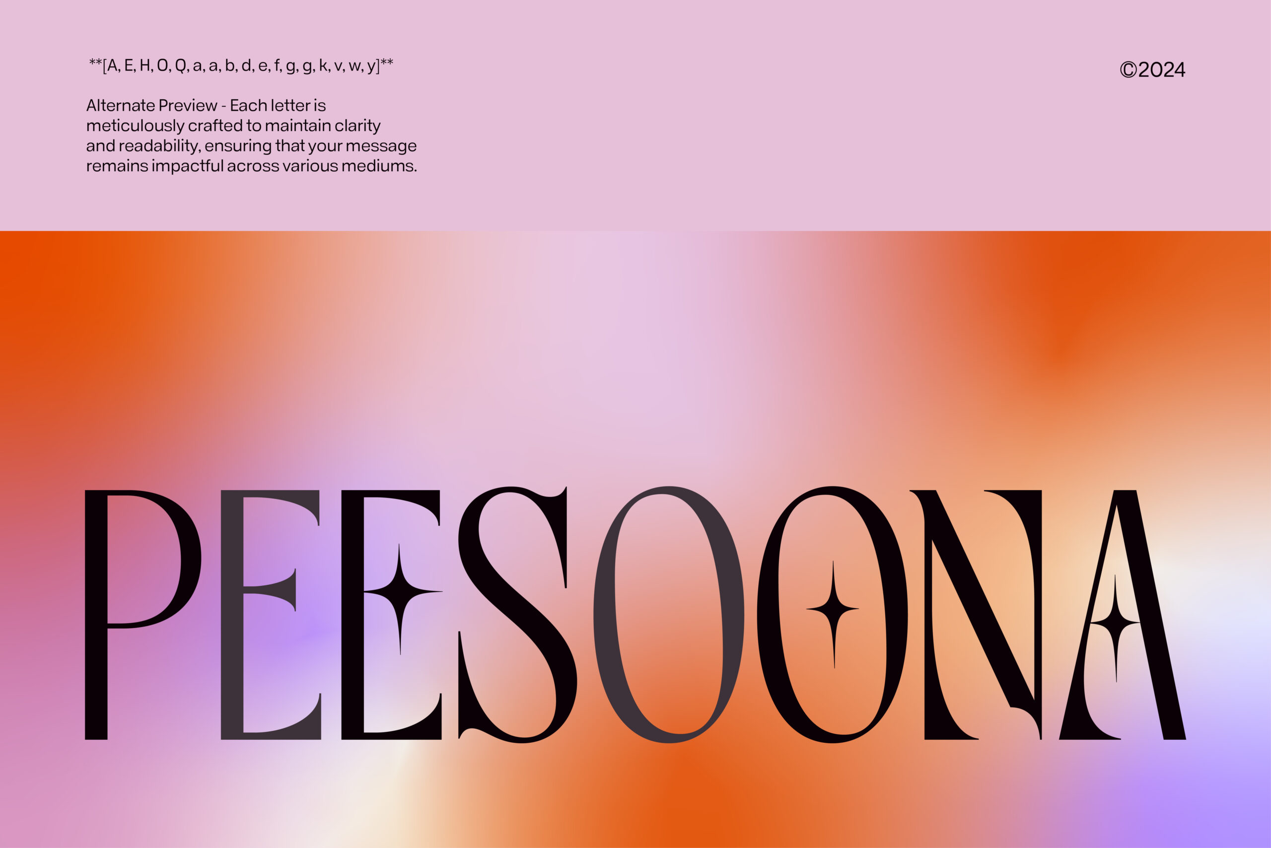 Pesoona serif font display with gradient background shifting from pink to orange to purple
