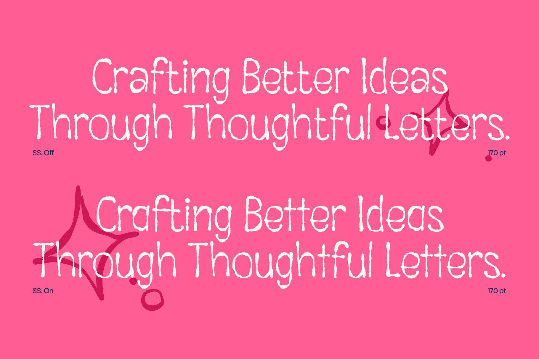 Handwritten font preview showing outline vs solid stroke styles on hot pink background