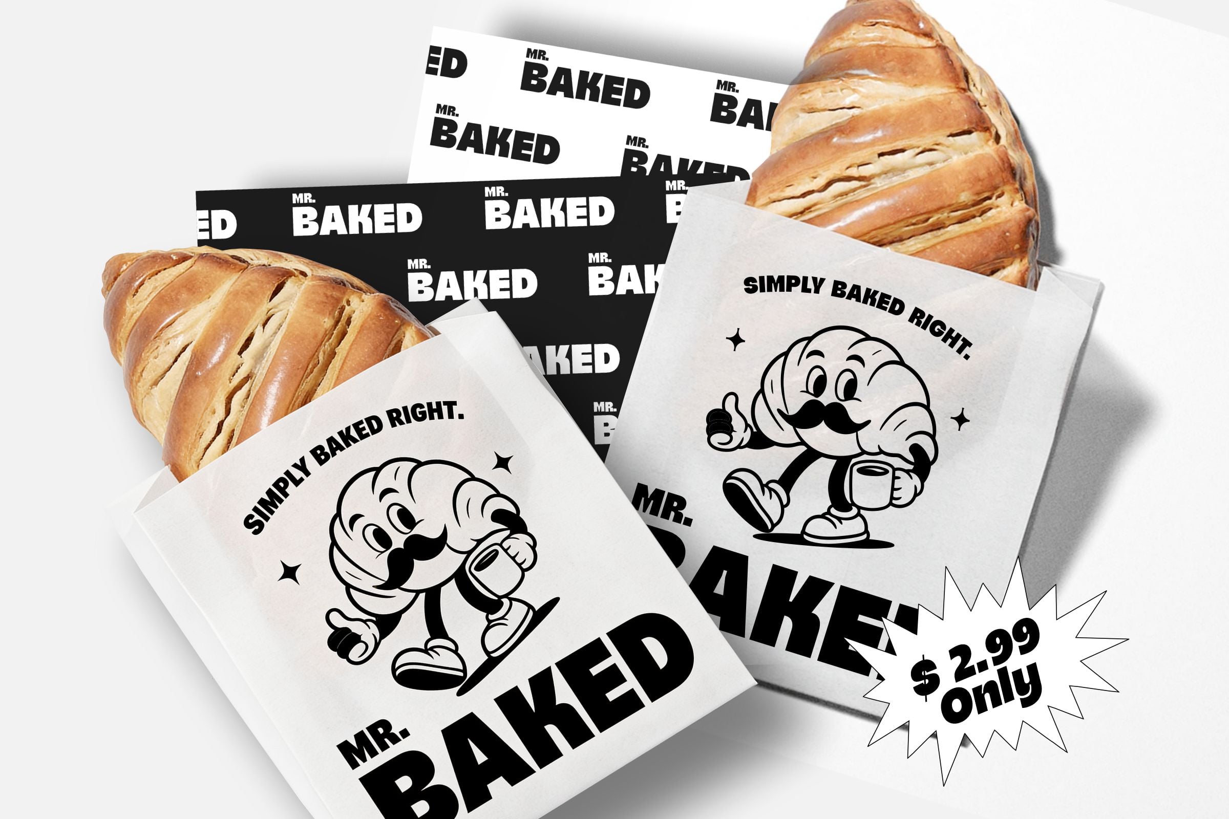 Retro bakery branding mockup with bread loaves, sticker designs, plus Mr. Baked mascot character