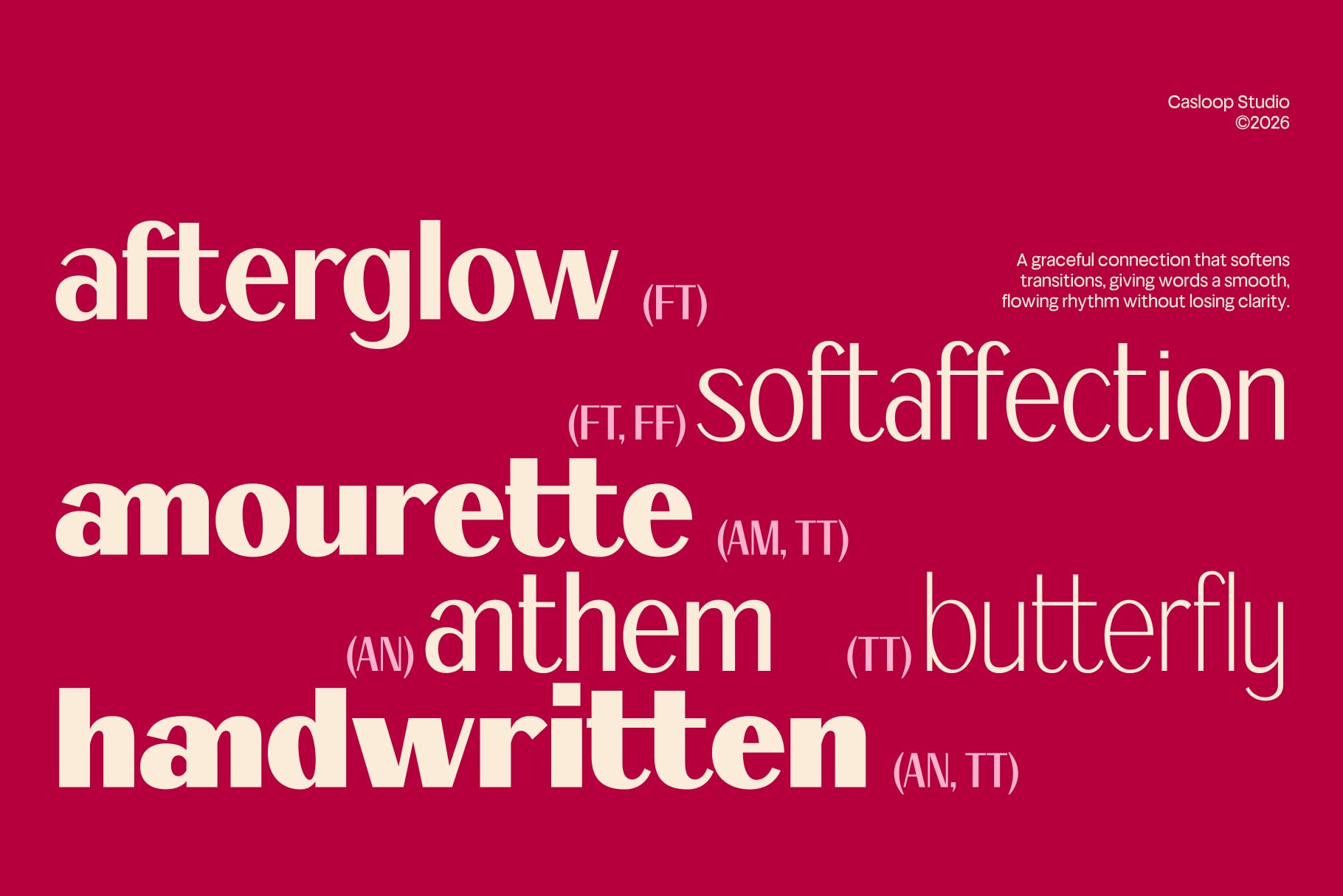 Cream typeface samples on hot pink showing Afterglow, Softaffection, Amourette, Anthem, Butterfly, Handwritten