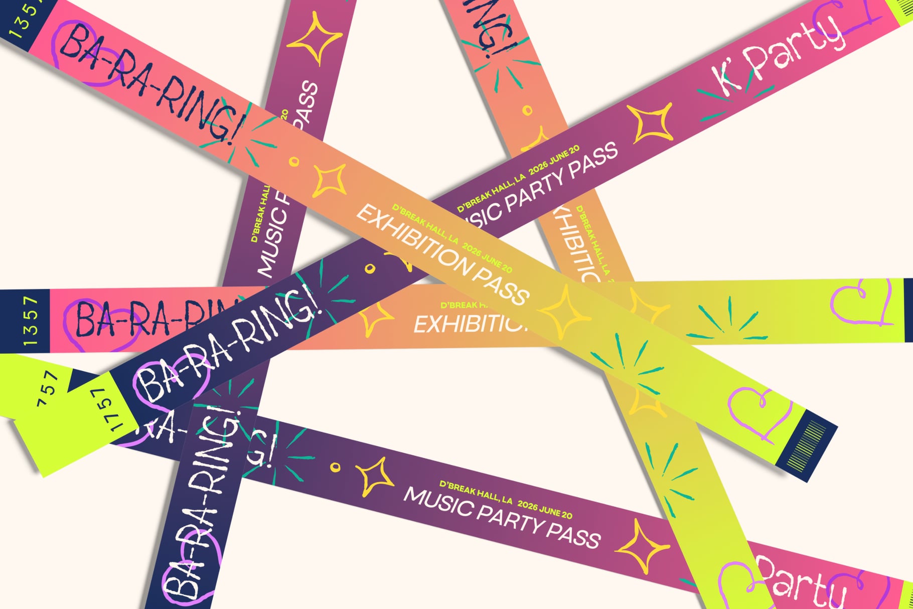 Colorful overlapping festival wristbands with vibrant gradients, sparkle graphics, event text in bright neon colors