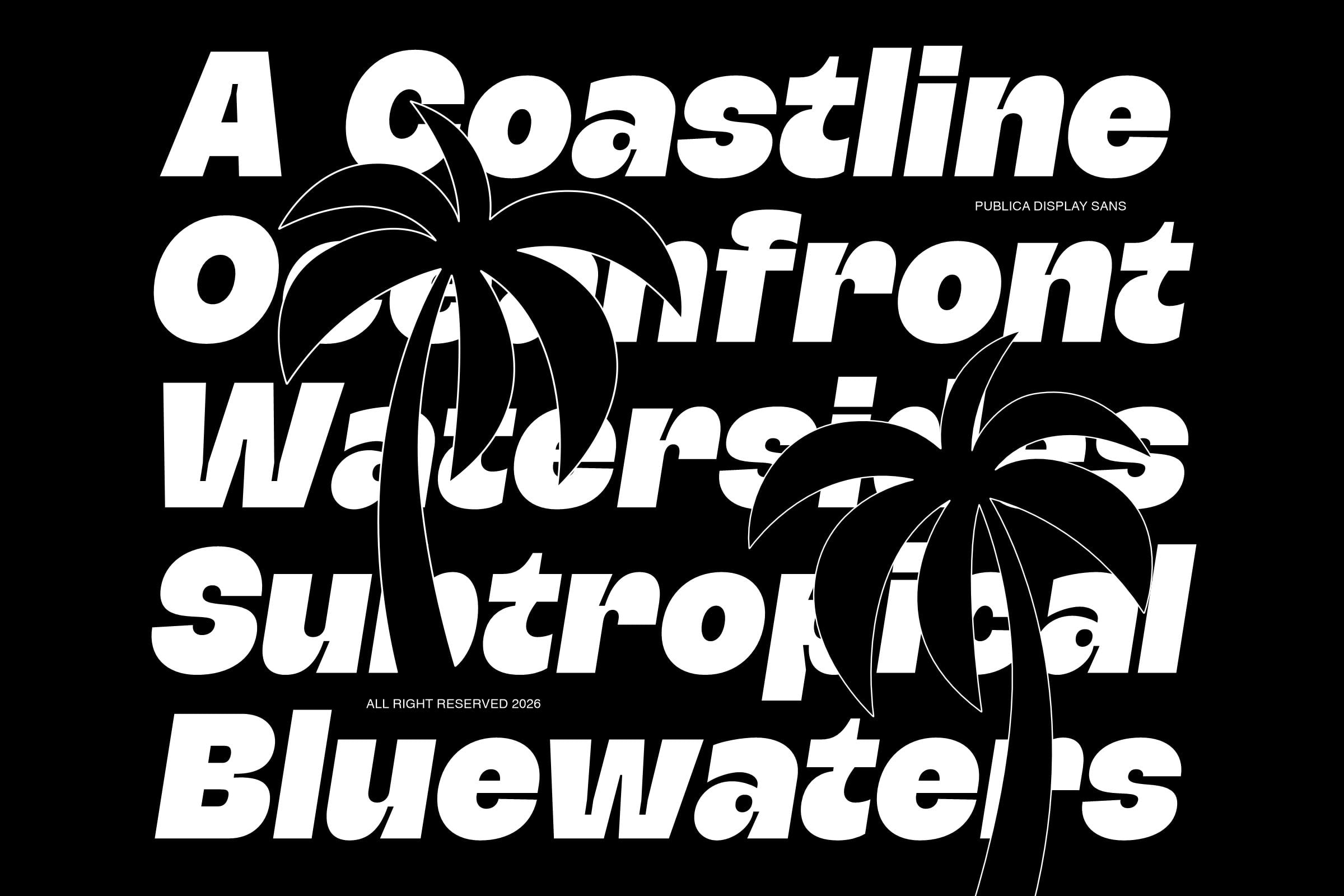 Bold white sans serif typeface with tropical palm leaf graphics on black background