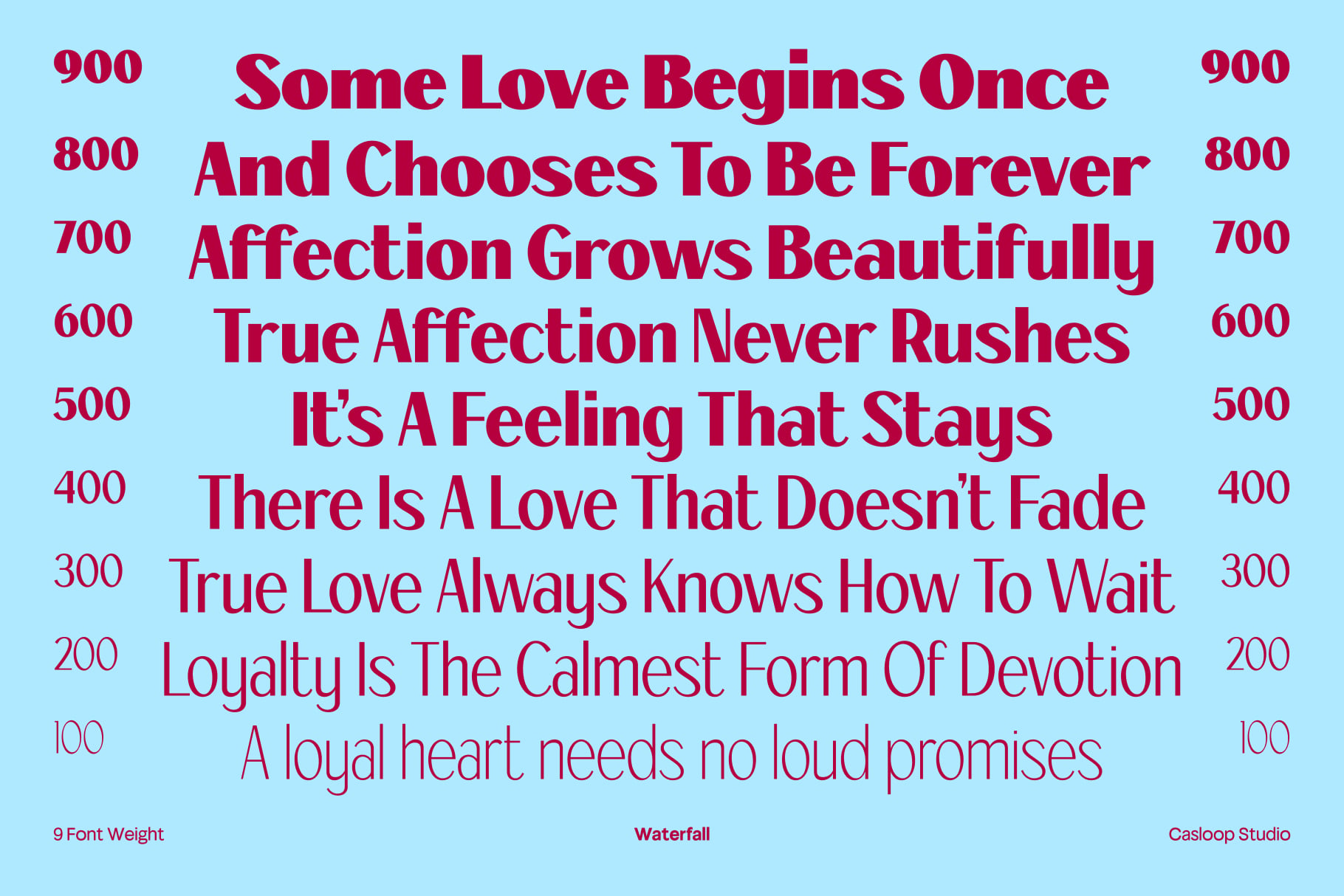 Waterfall font displayed in bold magenta text on light blue background with love quotes