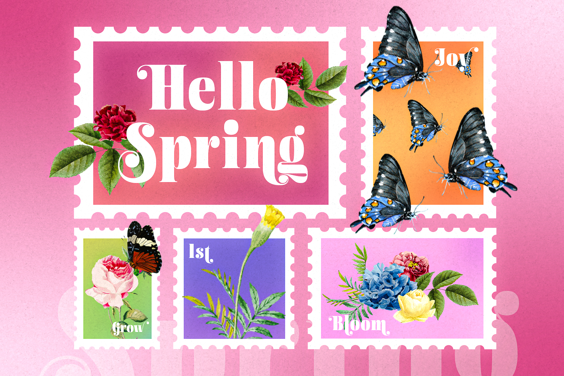 Retro stamp mockup with pink background, butterflies, roses, botanical elements across six decorative frames