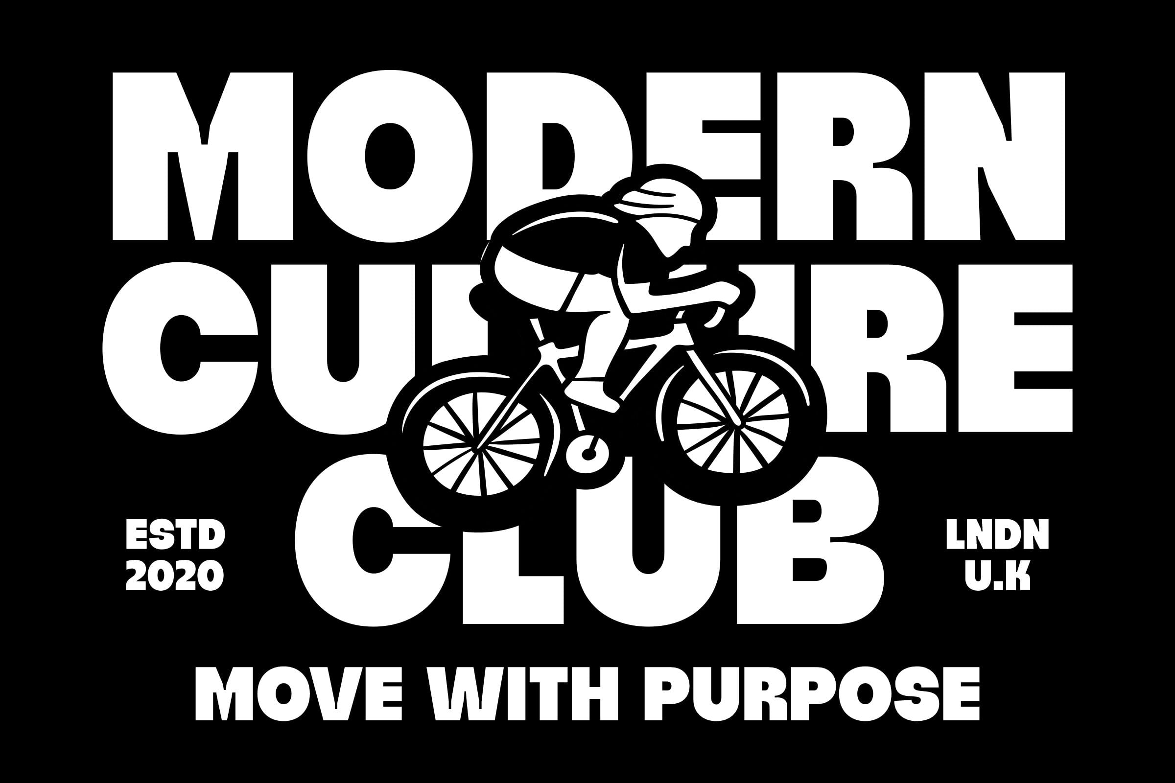 Bold cycling club graphic with rider on bike, established 2020 London UK