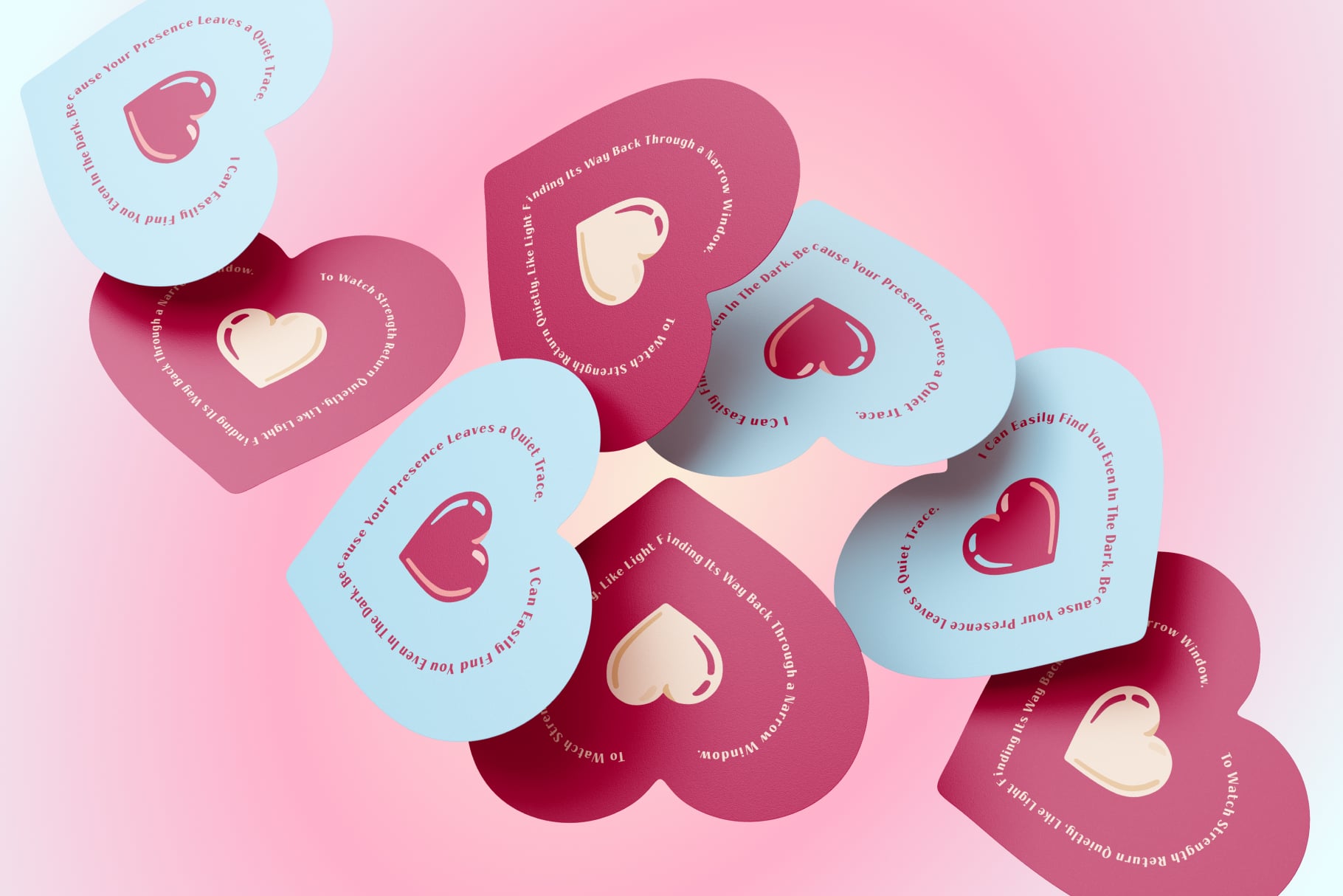 Heart-shaped stickers in pink, burgundy with cream cutouts on soft background