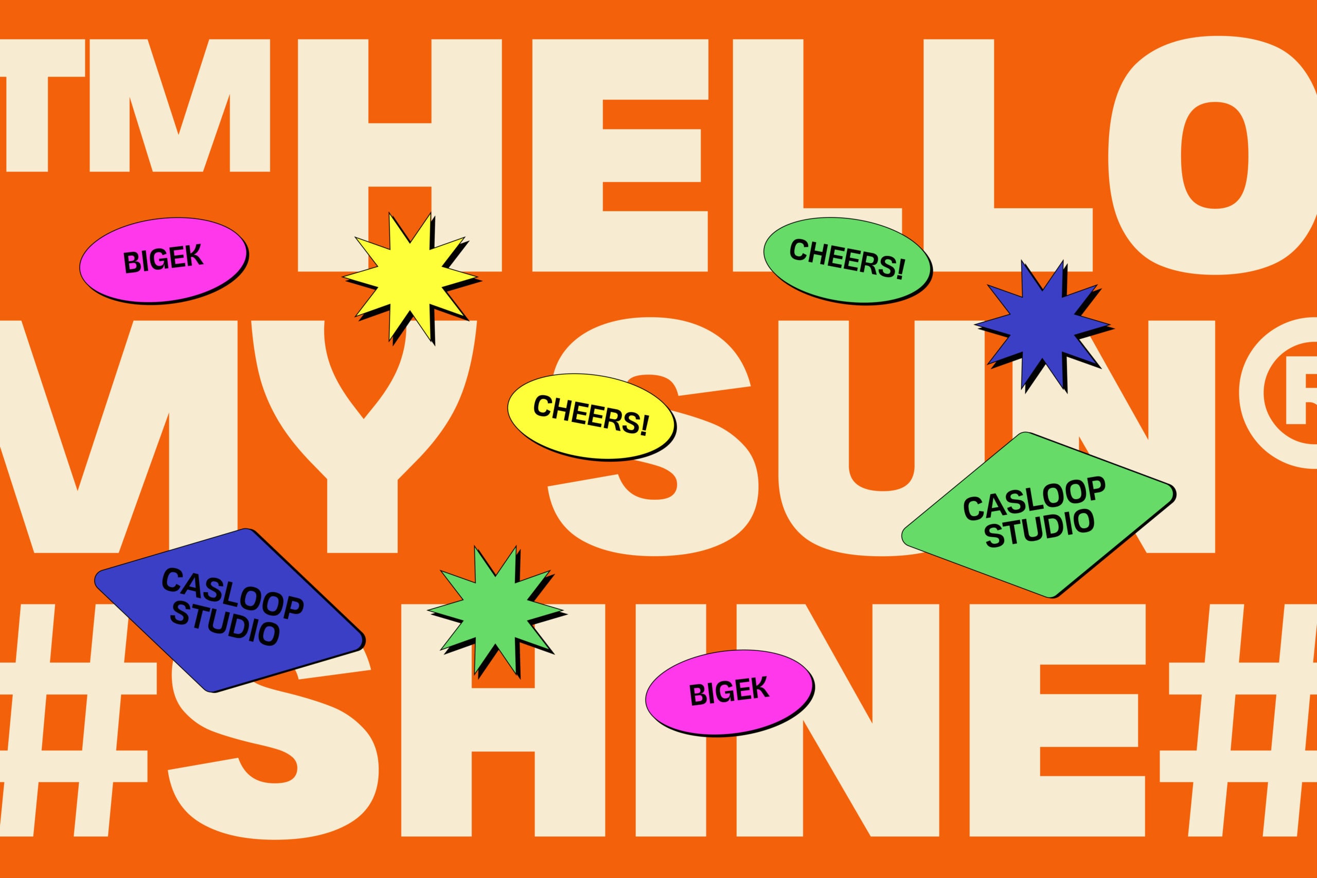 Retro orange background with bold cream typography, colorful speech bubbles, starburst shapes by Casloop Studio