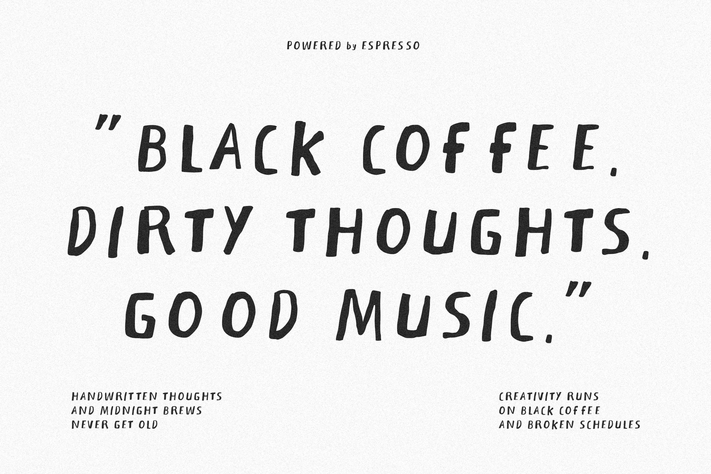 Handwritten quote about coffee, late nights, creativity on cream background