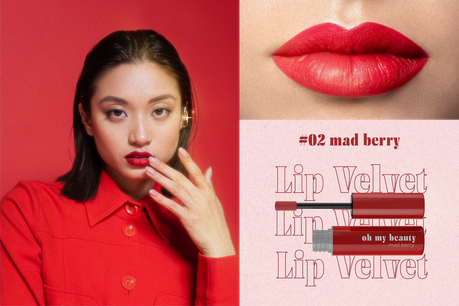 Lip velvet product mockup showing mad berry shade with close-up swatches on model