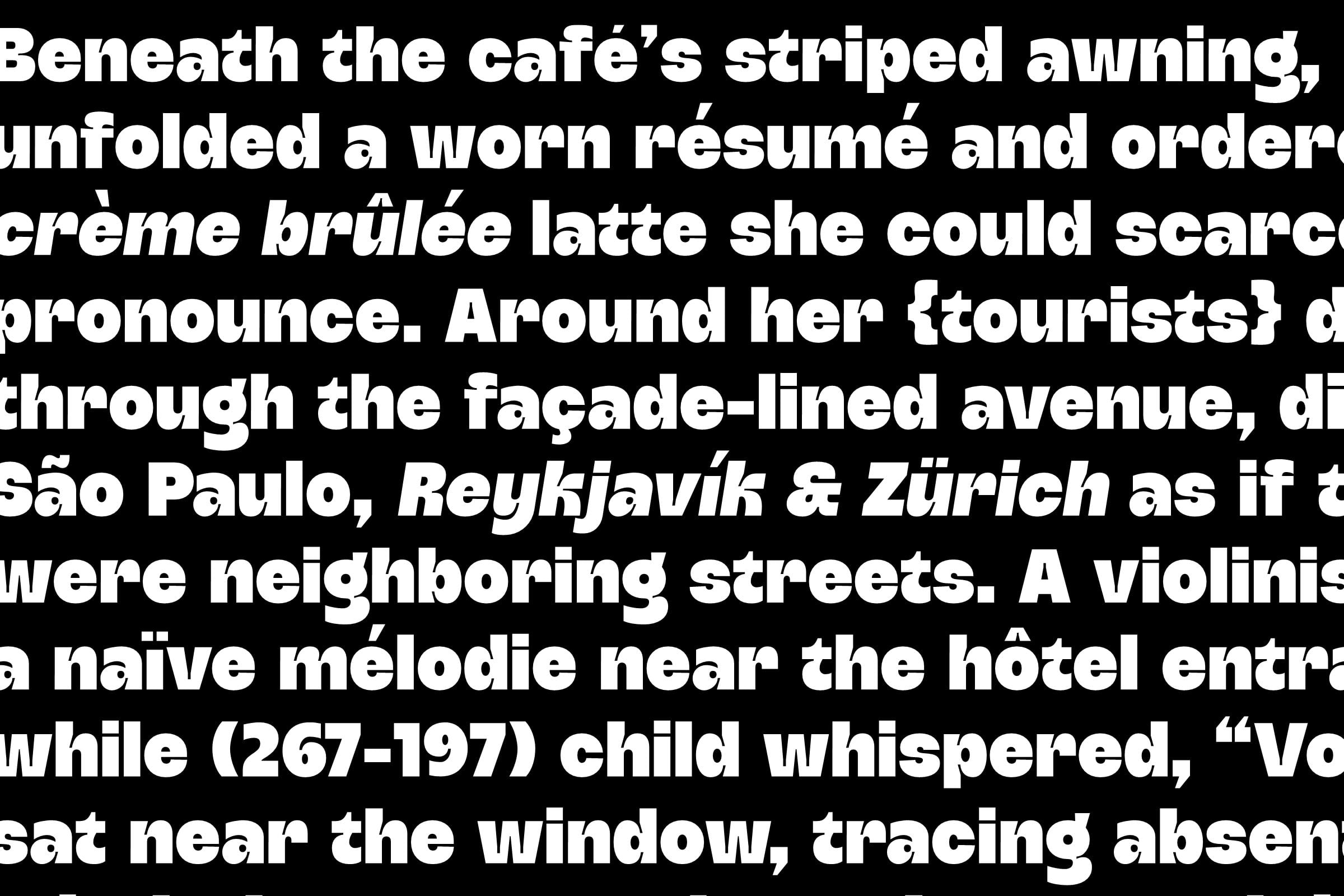 Bold sans serif typeface with chunky letterforms, densely packed text in white on black background
