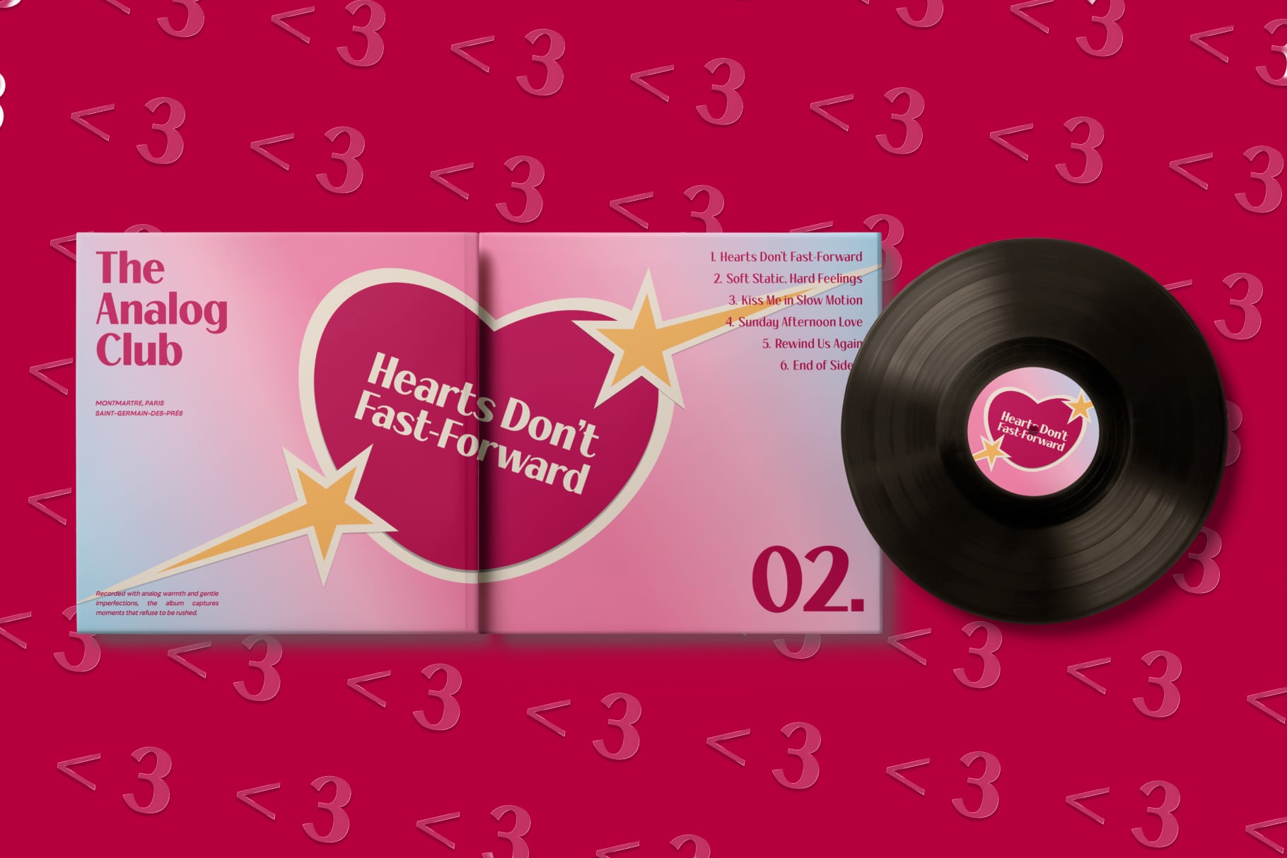 Vinyl record mockup with hot pink album cover, heart shape, gold stars, track listing, black record on magenta background with repeated numbers