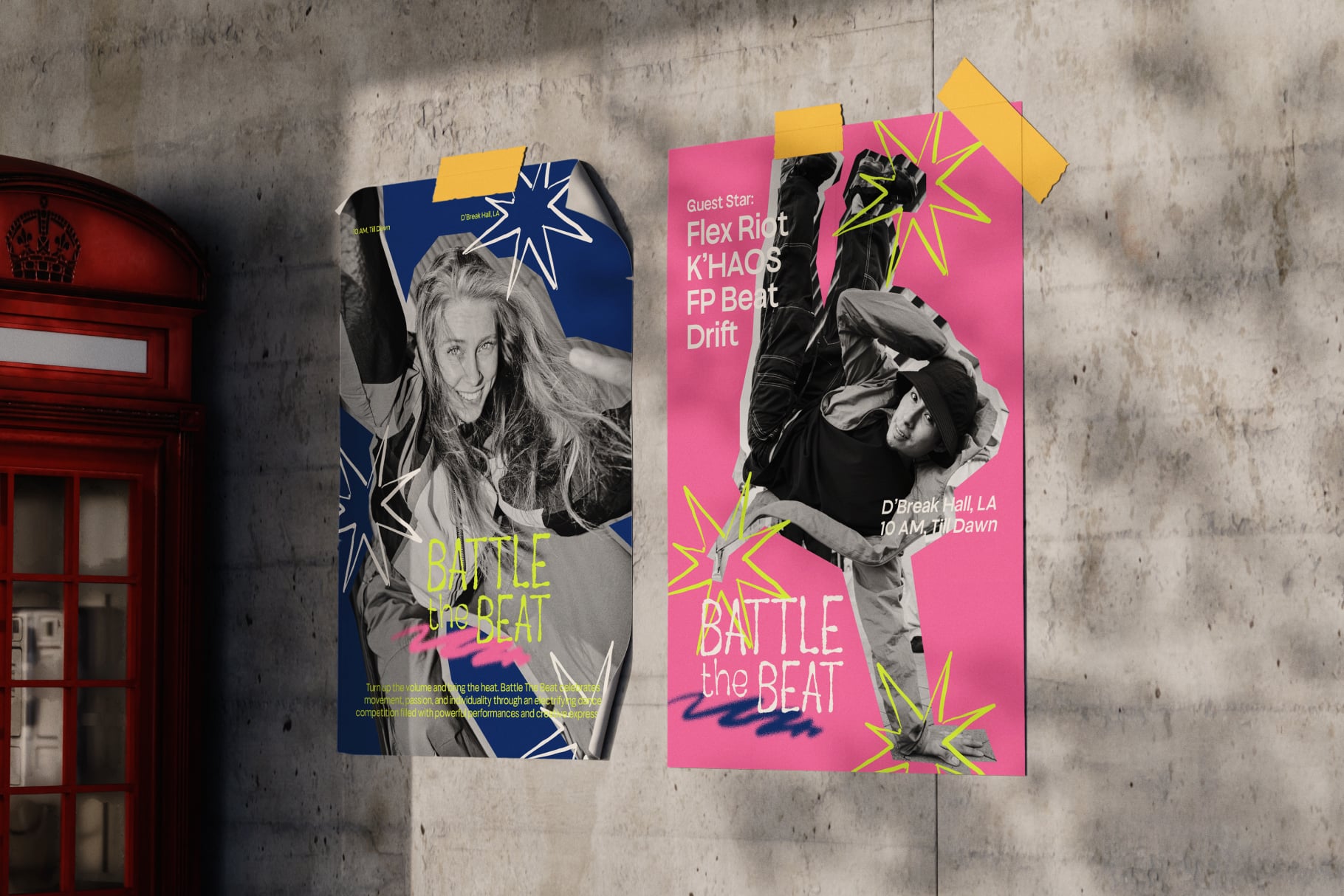 Bold event posters hung on concrete wall with yellow geometric shapes, featuring performers in black-and-white photos on neon blue, pink backgrounds