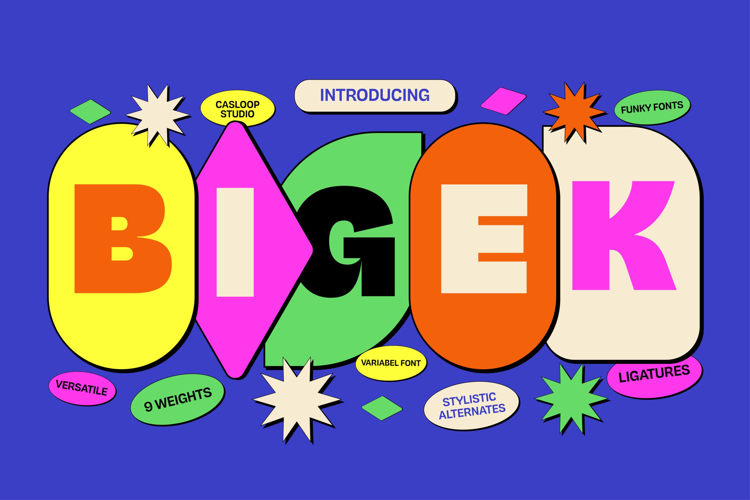 Big colorful typeface with nine weights, variable font, ligatures, stylistic alternates