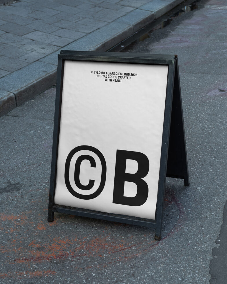 Street sandwich board mockup with black frame on pavement showing minimalist branding