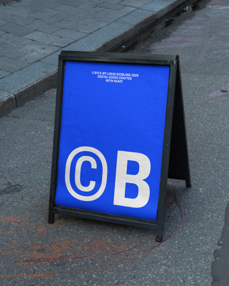 Black A-frame sidewalk sign with bright blue screen showing large white letters CB on urban pavement