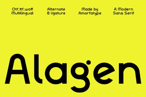 Bold sans serif font family with multilingual support, alternates, ligatures on bright yellow background