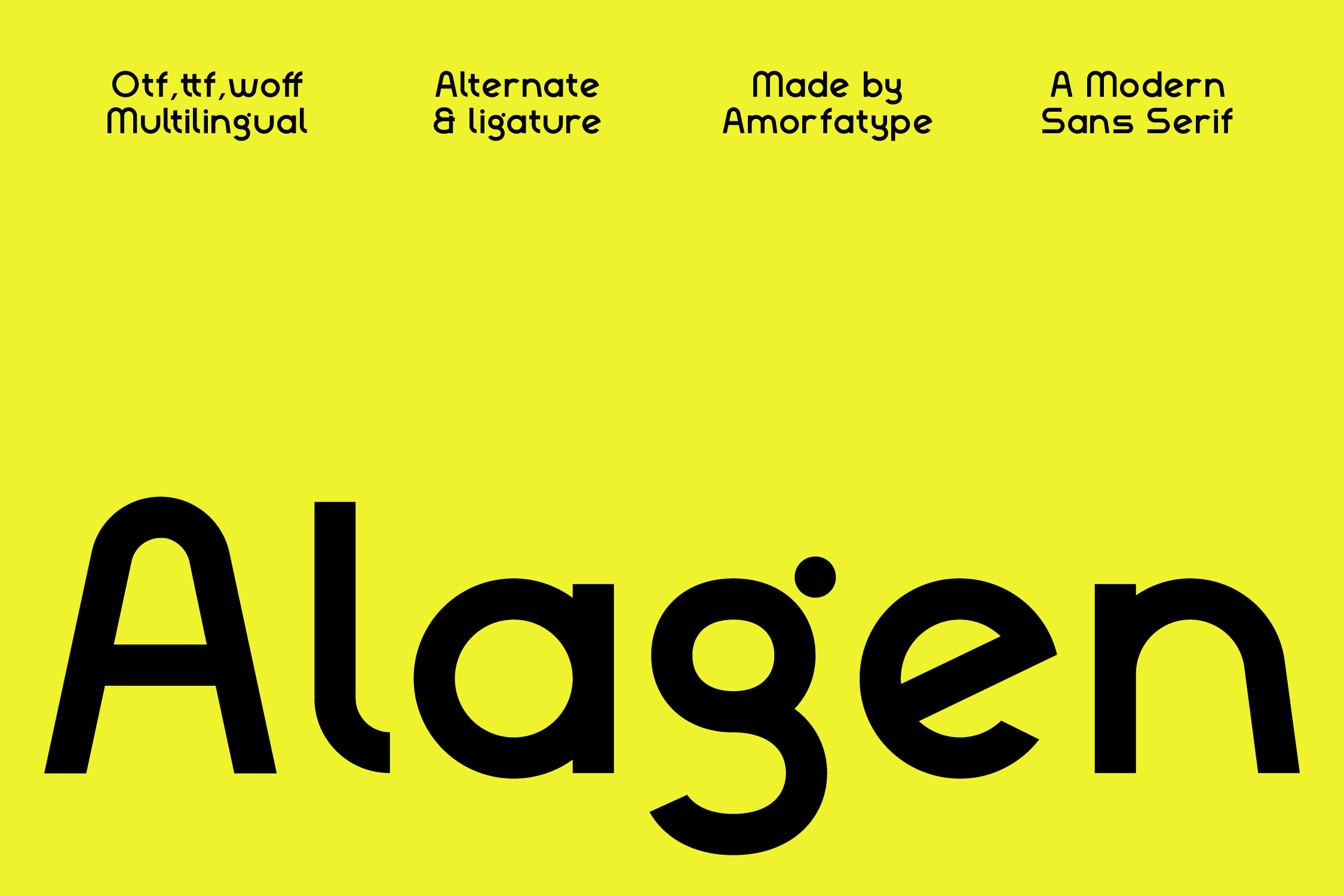 Bold sans serif font family with multilingual support, alternates, ligatures on bright yellow background