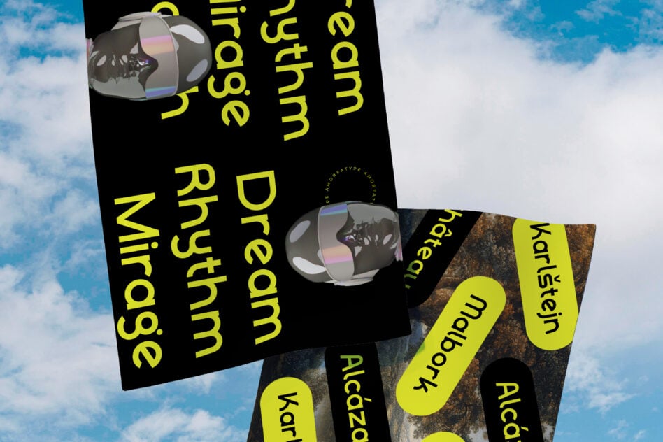 Bright yellow typography on black overlaid posters with iridescent sphere mockups against sky