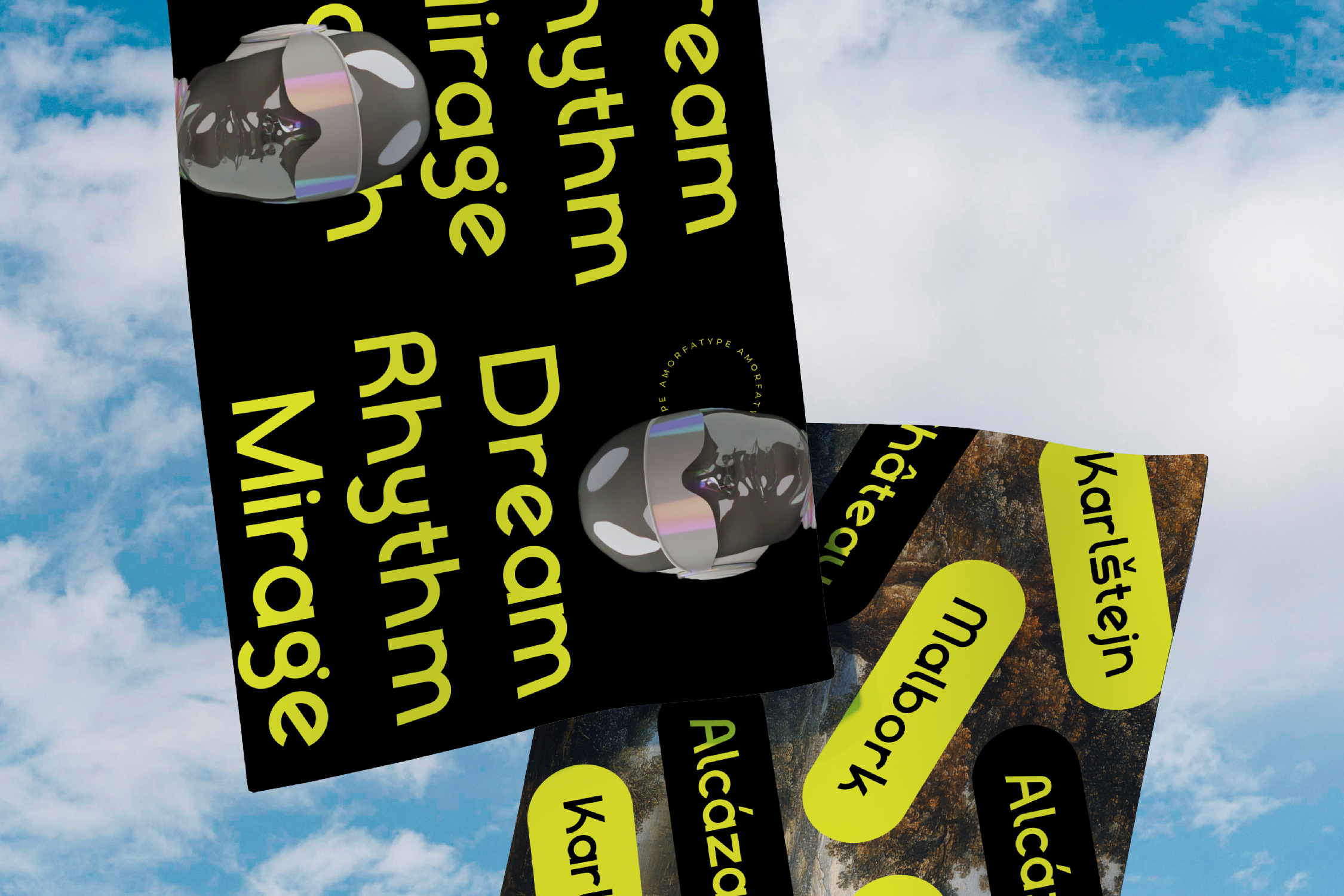 Bright yellow typography on black overlaid posters with iridescent sphere mockups against sky
