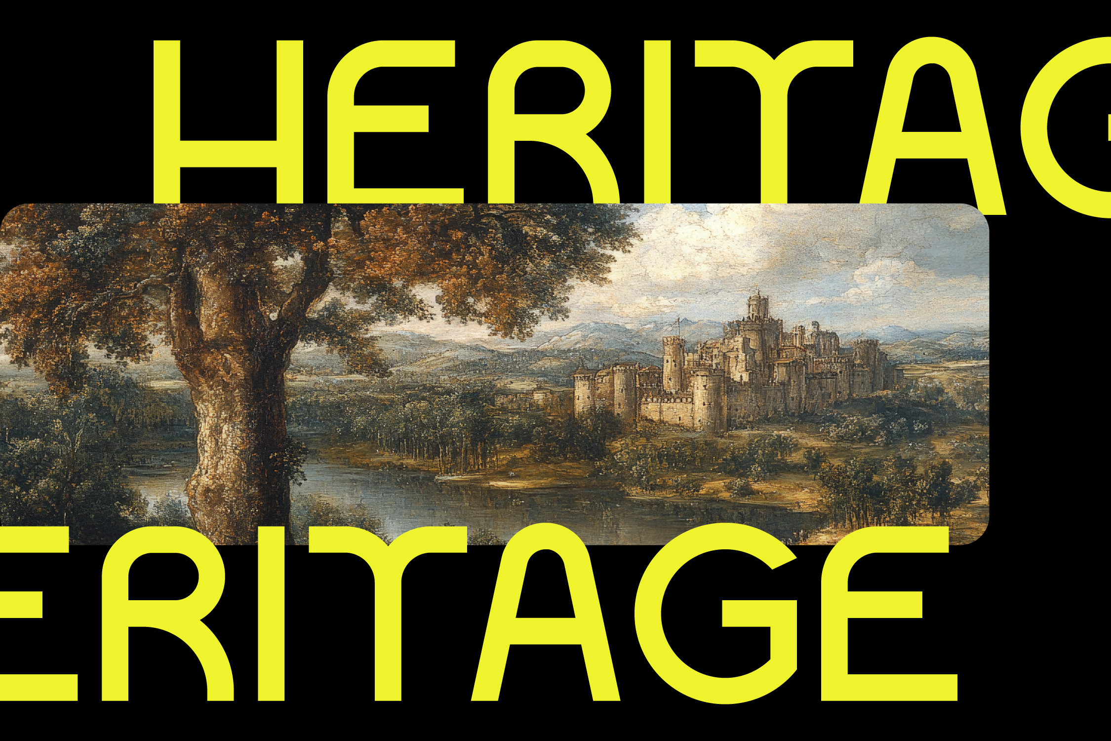 Bright yellow headline text overlaying a moody Renaissance landscape with castle, river, plus old oak tree