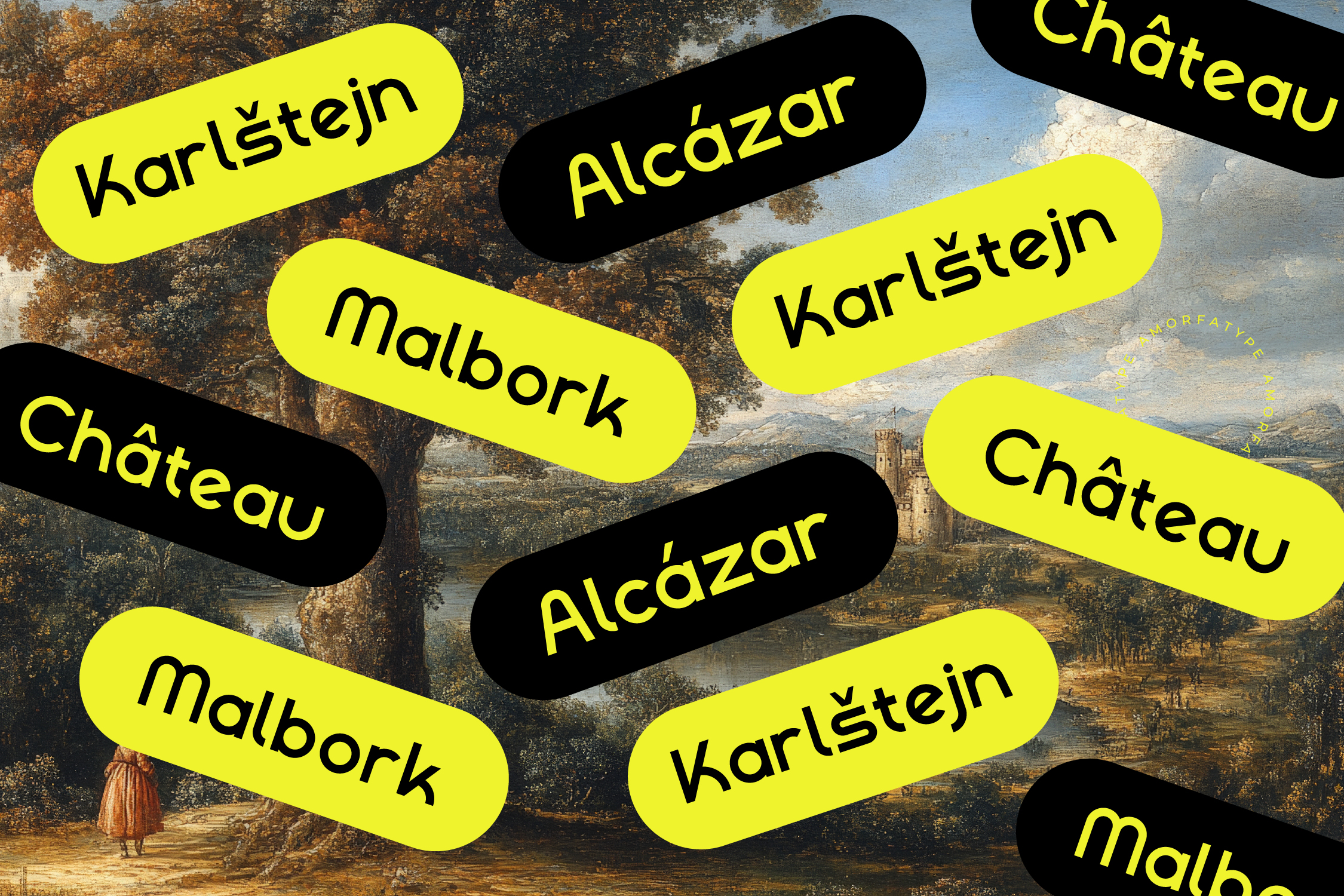 Vintage castle painting with neon yellow plus black rounded label stickers overlaid with Czech town names