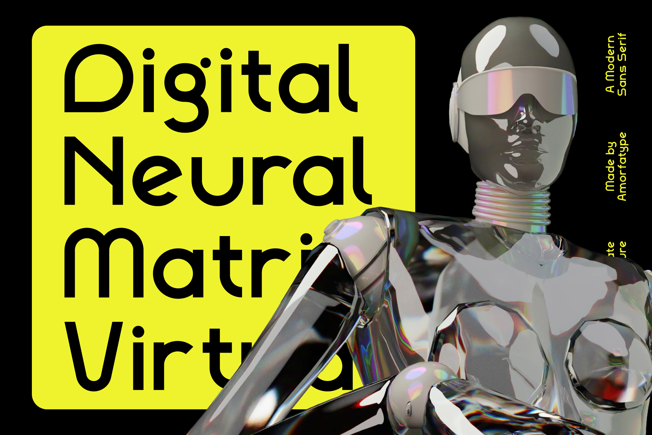 Sleek chrome robot figure with iridescent visor next to bold yellow card reading Digital Neural Matrix Virtue