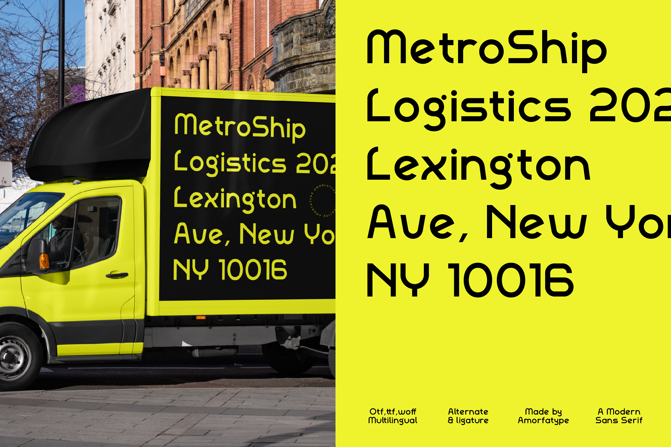 Neon yellow delivery van with bold black branding on side panel, urban brick buildings behind