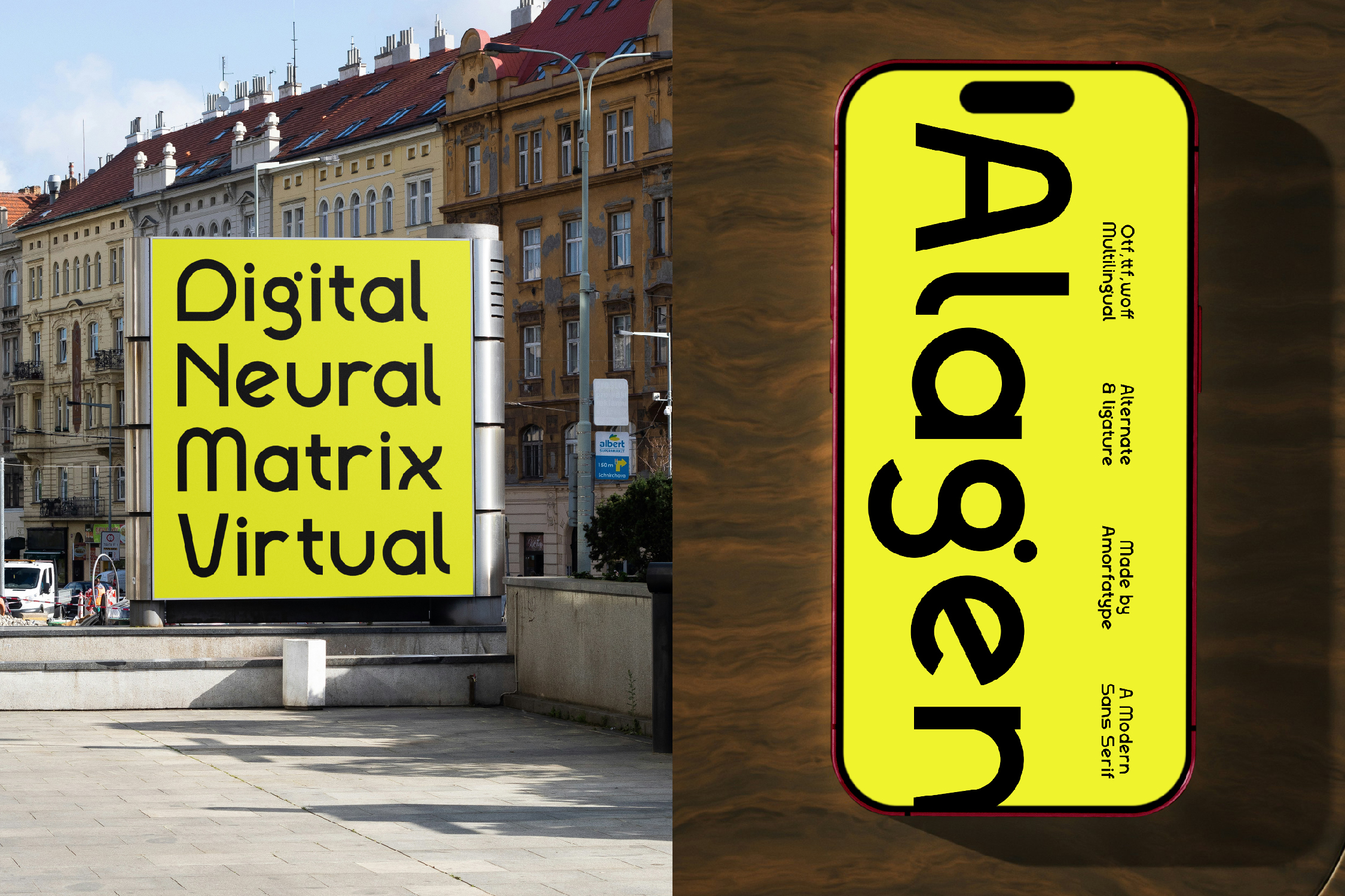 Bright yellow billboard mockup with bold black text on urban street, plus phone screen version with rotated typography