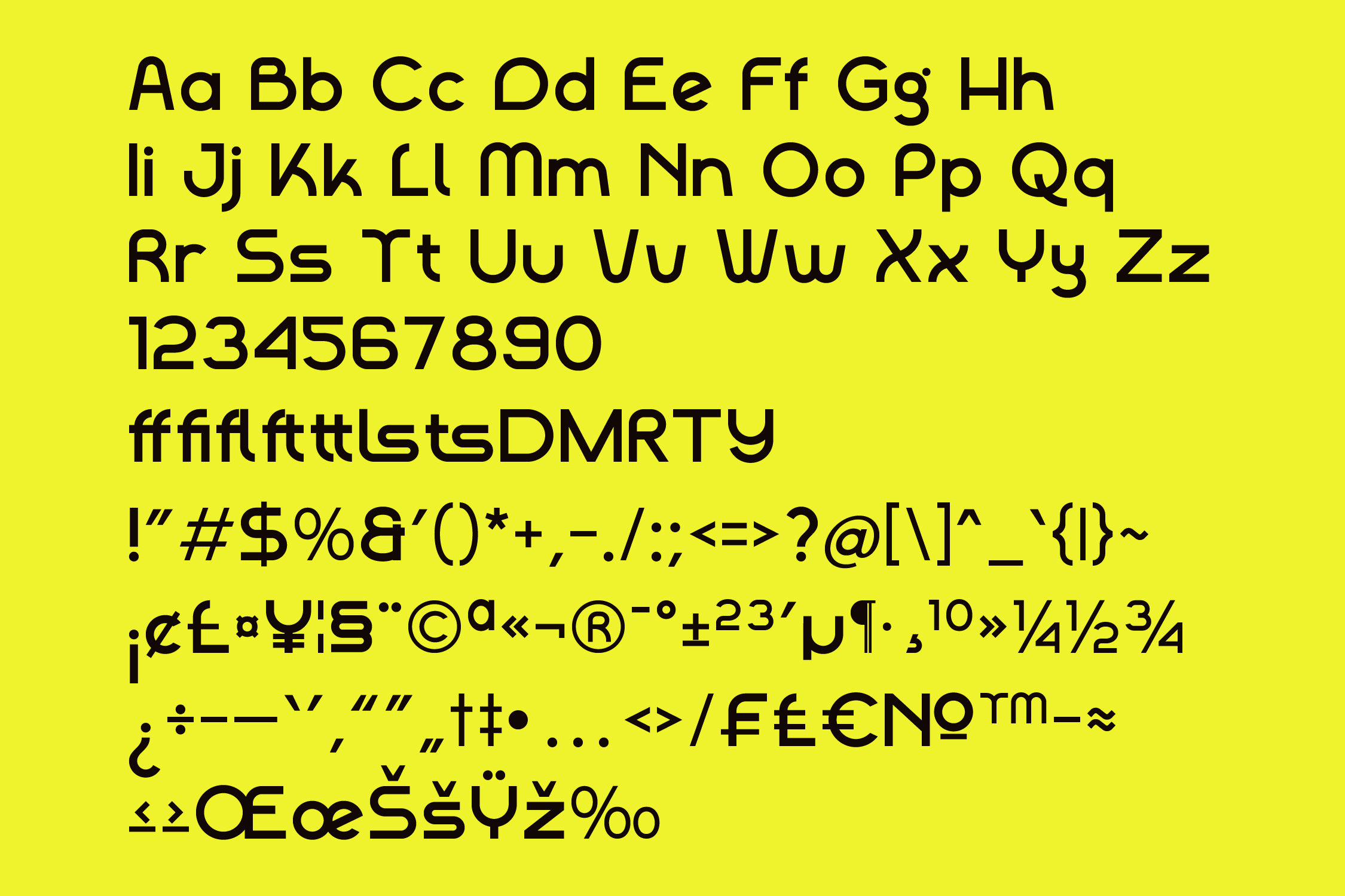 Bold sans serif typeface with full character set on bright yellow background