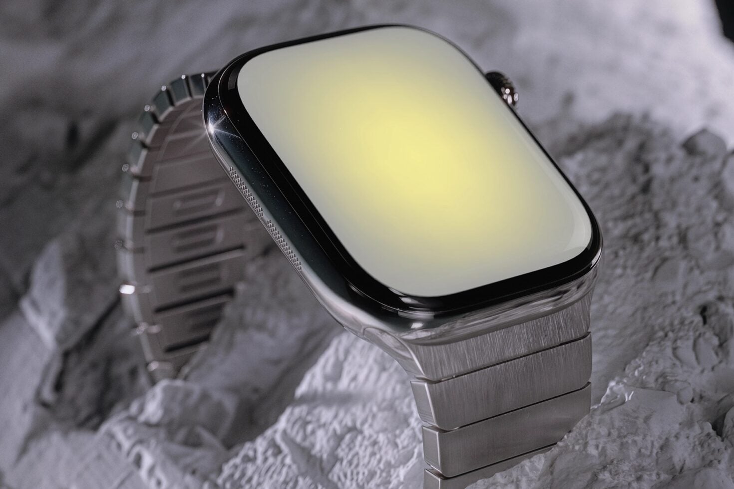 Smartwatch mockup with glowing screen on textured gray surface, metal band visible