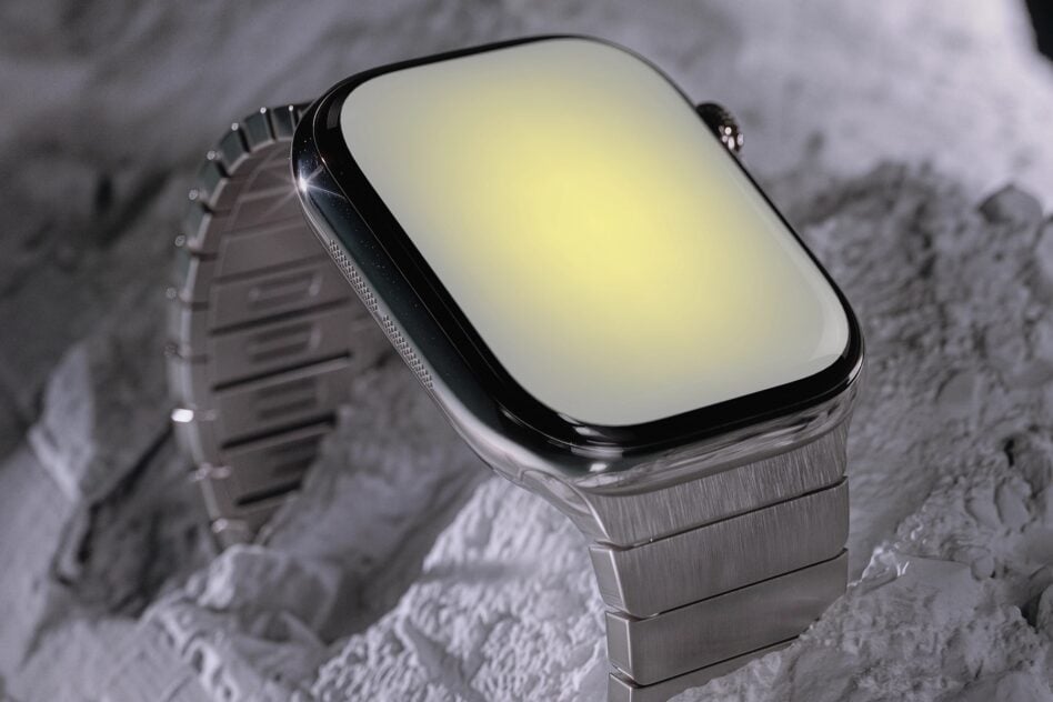 Smartwatch mockup with glowing screen on textured gray surface, metal band visible