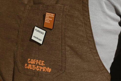 Two label mockups on brown fabric with orange, cream, plus white sleeve visible