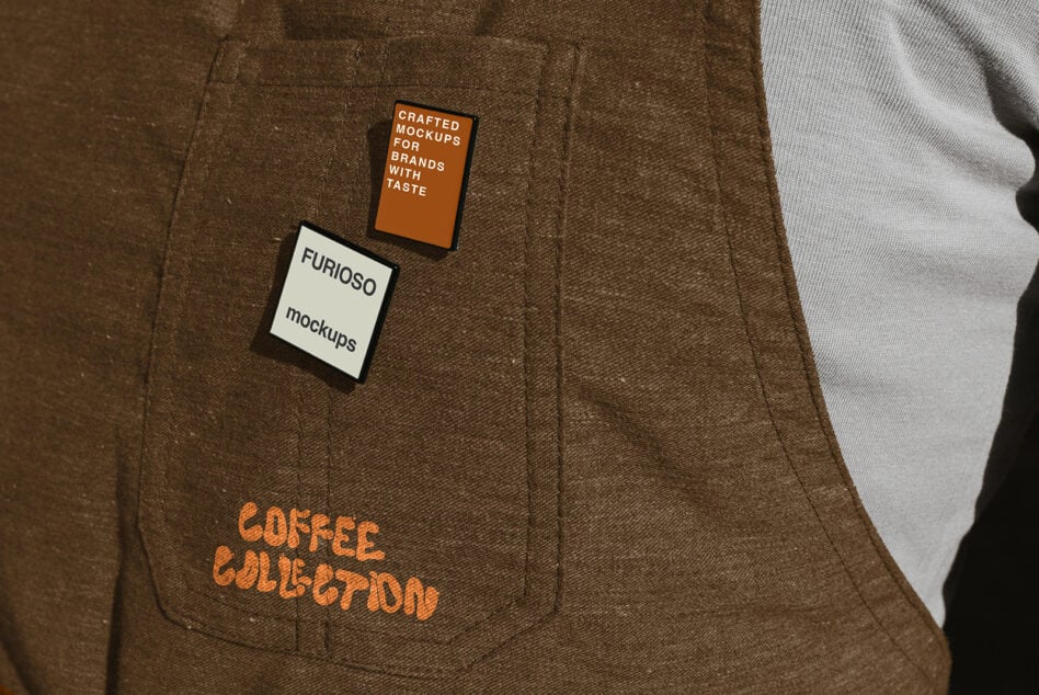 Two label mockups on brown fabric with orange, cream, plus white sleeve visible
