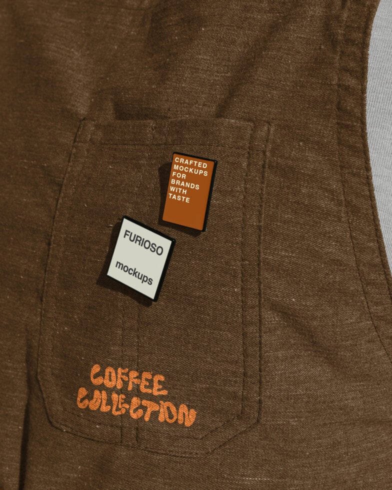 Woven jacket pocket with two label mockups on brown fabric plus orange text detail