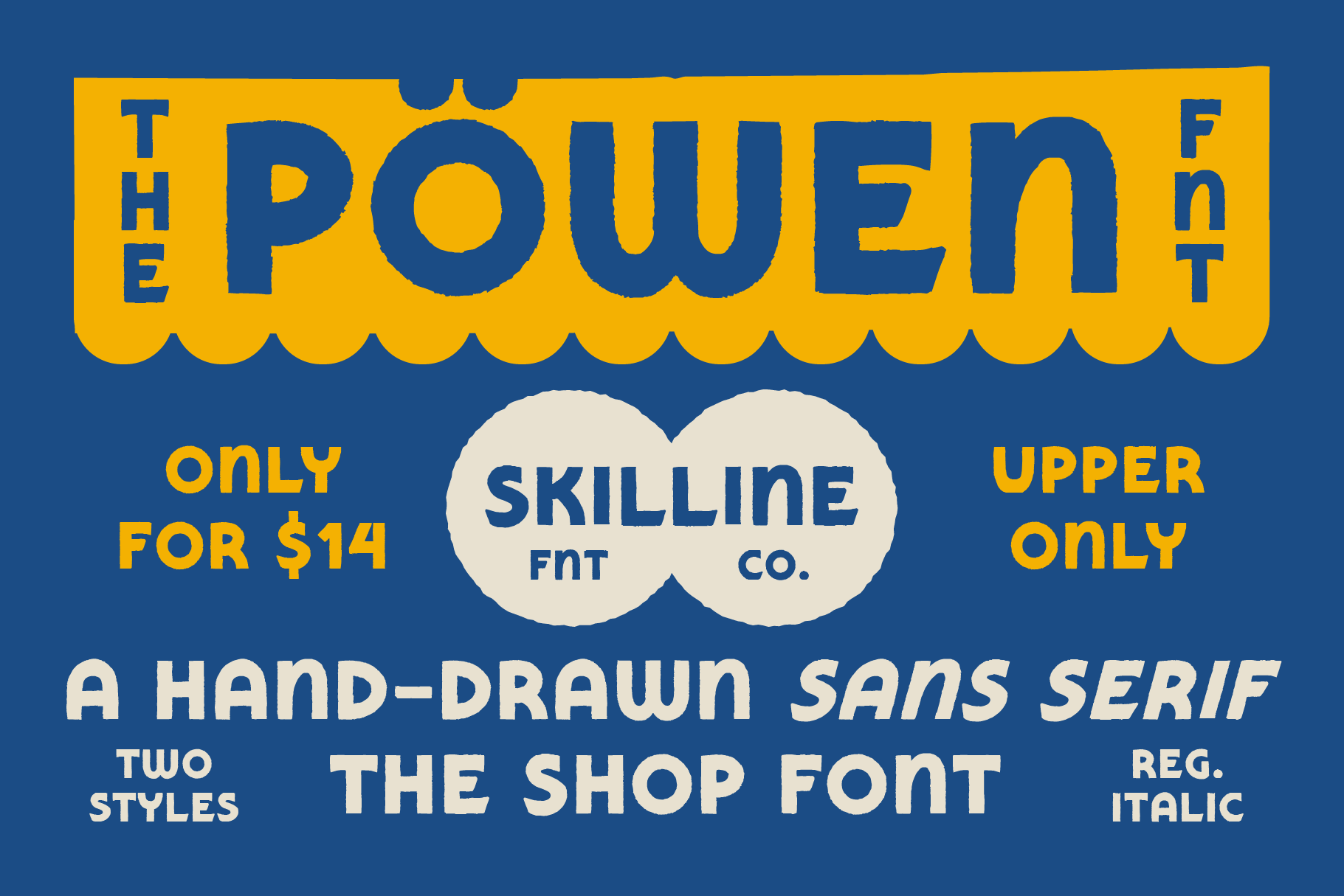 Retro poster showcasing Power Fnt in bold yellow, blue, with hand-drawn sans serif vibes
