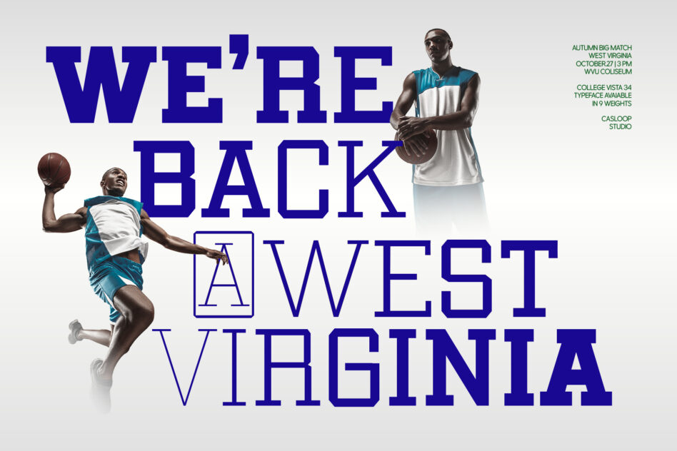 Basketball poster mockup showing two athletes in teal jerseys with bold navy typography for WVU event promotion